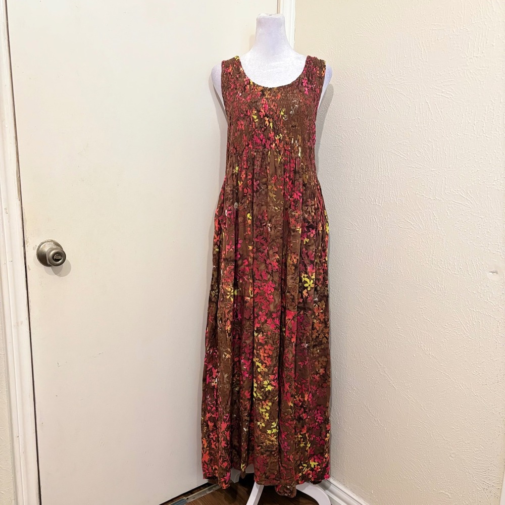 Lotus Traders Brown Pink Floral Batik Fairycore Maxi House Dress w Front Pockets